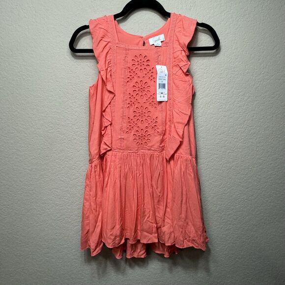 NEW Peek Coral Sleeveless Drop Waist Dress Girl's Size 8 Lined Ruffle Eyelet - Picture 1 of 15